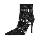 Water Diamond Belt Buckle Pointed High Heels Women's Short Boots